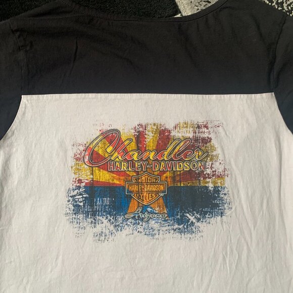 Women's Harley Davidson Bedazzled Orange and Black Letters V-neck White Shirt - Picture 7 of 7